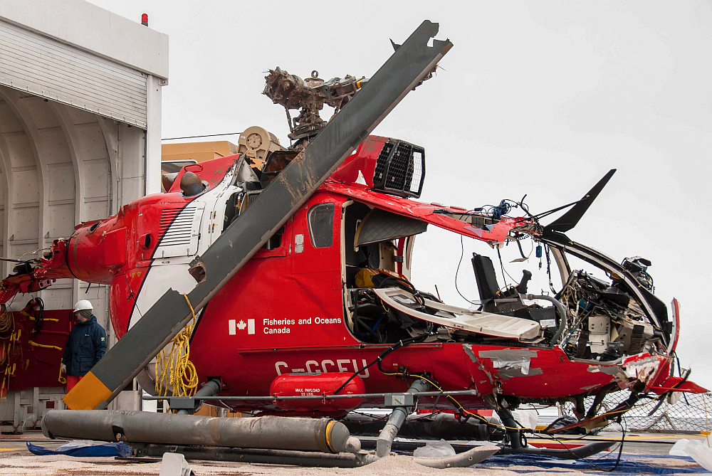 Wreckage of the Canadian Coast Guard helicopter Messerschmitt Bolkow-Blohm Bo 105. Photo: Keith Lévesque/ArcticNet