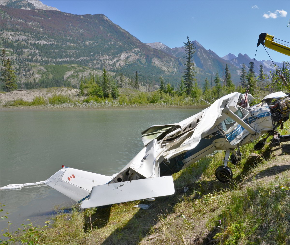Photo of Cessna 150J wreckage upon recovery from the Athabasca River in Jasper, Alberta.