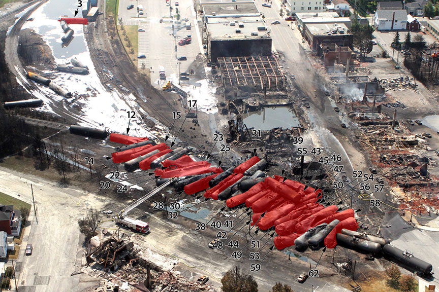 Aerial photograph showing cars with breaches from impact-damaged shells indicated in red