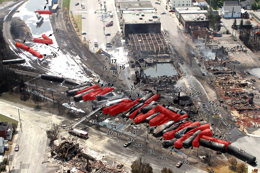 Aerial photograph showing cars with breaches from impact-damaged heads indicated in red