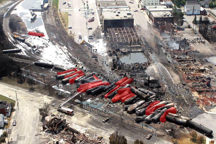 Aerial photograph showing cars with breaches from impact-damaged top fittings indicated in red