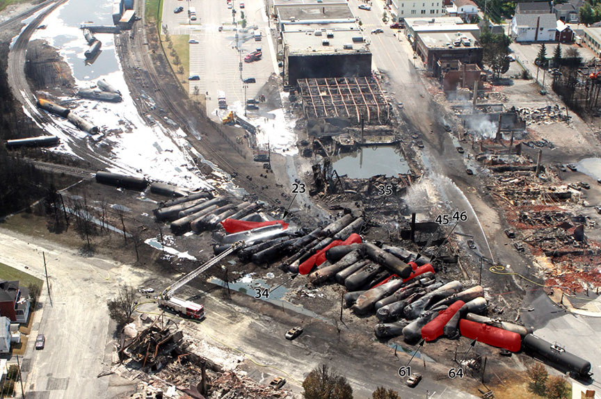 Aerial photograph showing cars with breaches from impact-damaged BOVs indicated in red