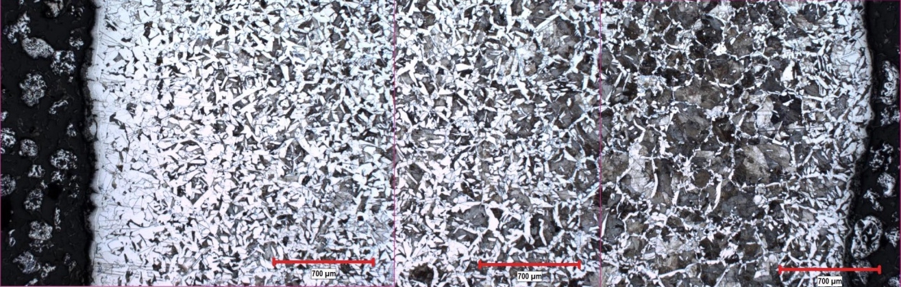 (a) Coupon 34S – Montage of optical micrographs showing the microstructural variation across the plate thickness (left- outer surface, right –inner surface, Nital etch, original magnification 25X)