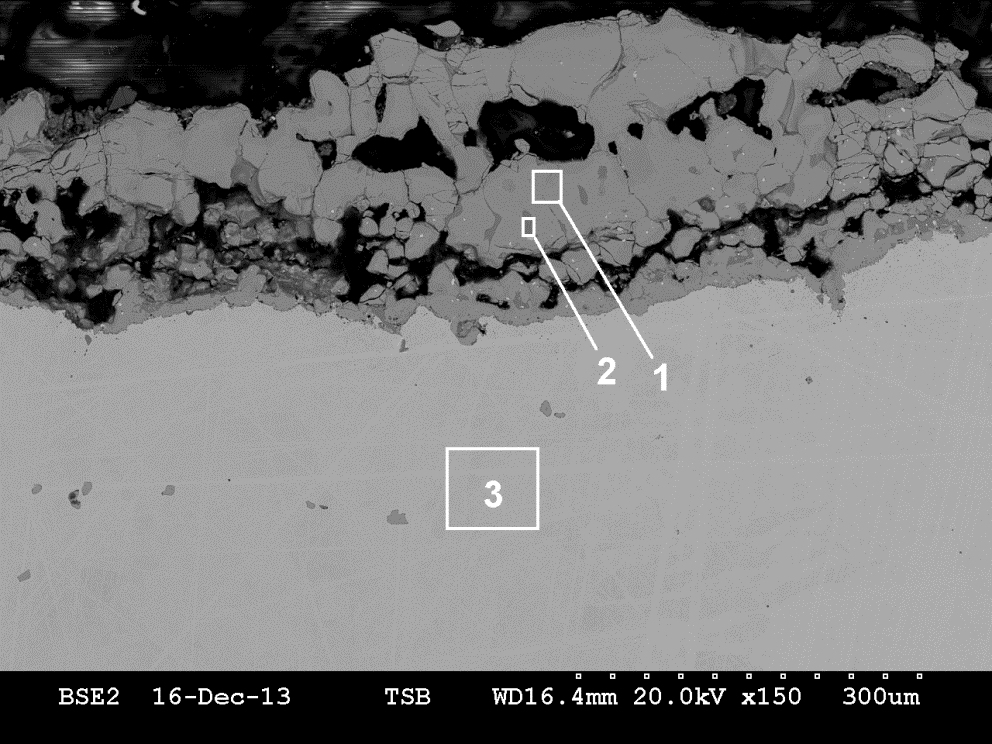 (f) Coupon 34S – SEM micrograph showing the oxide layer on the outer surface (back scattered electron mode, as-polished, original magnification 150X)