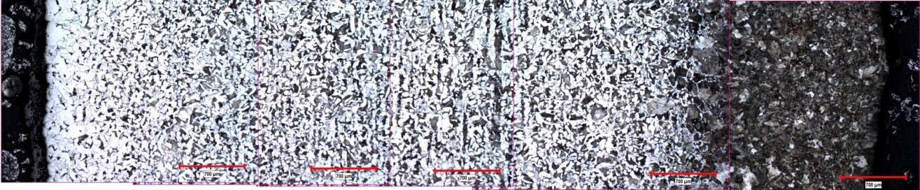 (a) Coupon 34S - Montage of optical micrographs showing the microstructural variation across the plate thickness (left-outer surface, right–inner surface, Nital etch, original magnification 25X)