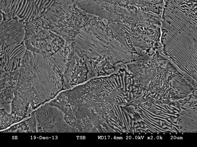 (d) Coupon 34S - SEM micrograph taken near the inner surface showing carbide phase decorating the prior austenite grain boundary (Nital etch, original magnification 2000X)