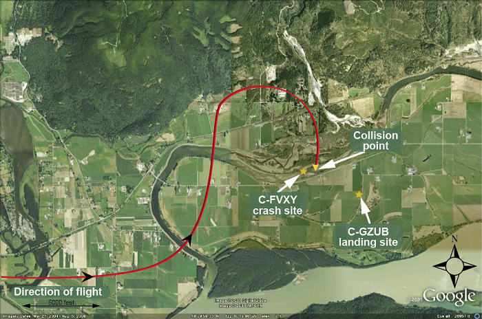 Photo of Aerial map with a red line drawn to show the flight path and crash site