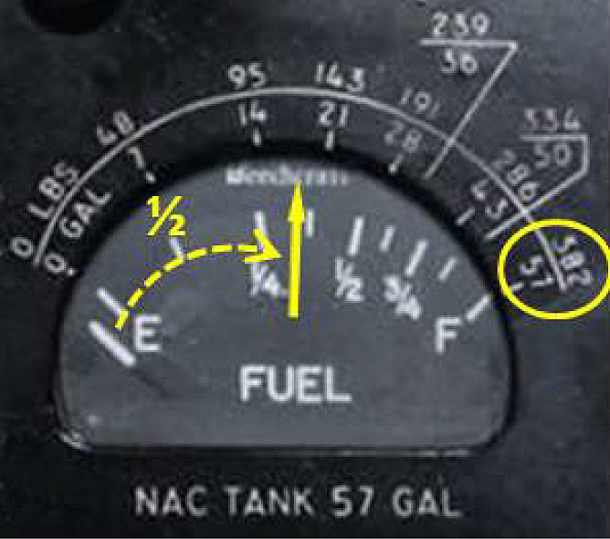 False equivalence between the gauge needle position visually and its actual indication of fuel quantity in the nacelle tanks