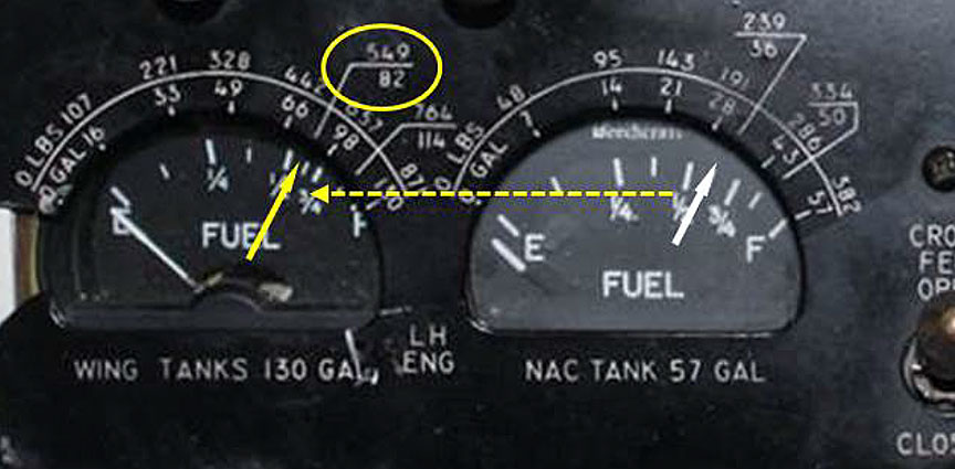 ransposition of the nacelle tank gauge needle to the scale of the wing tank gauge would result in a reading of approximately 1100 pounds of fuel