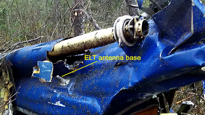 Image of the wreckage showing the severed emergency locator transmitter antenna