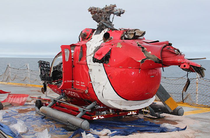 Image of the wreckage of helicopter C-GCFU on deck