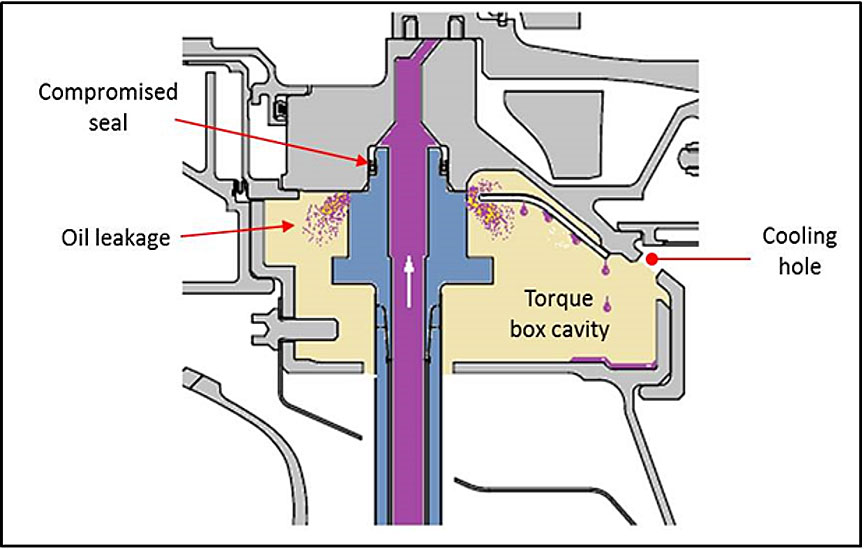Cutaway view of oil leakage in torque box
