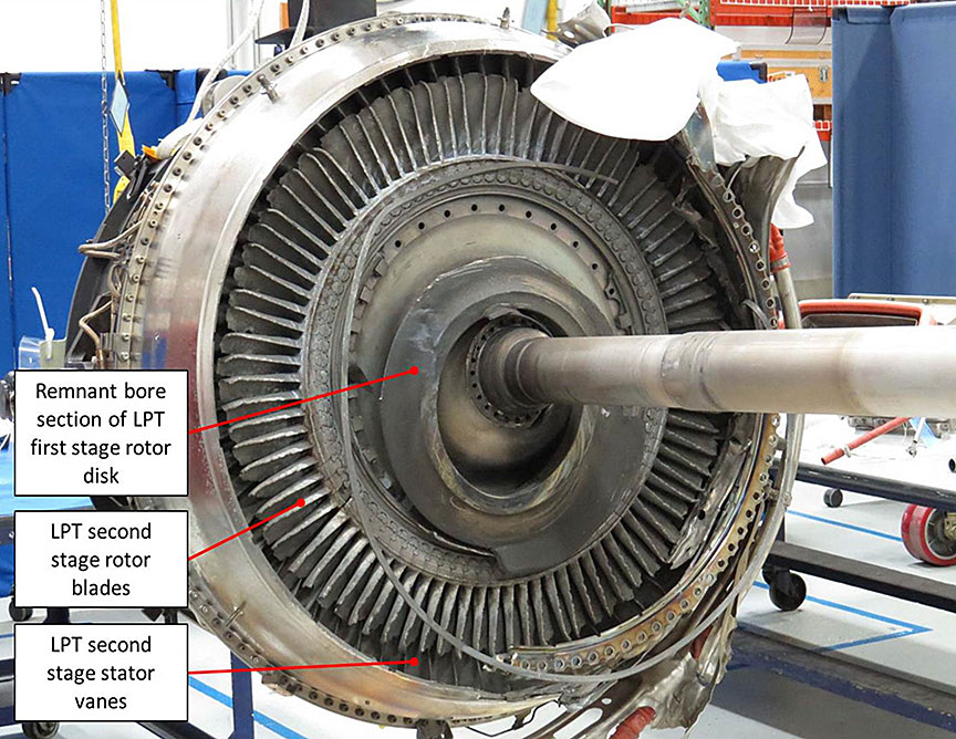 Front face of the low-pressure turbine (Source: Pratt & Whitney, with TSB annotations)