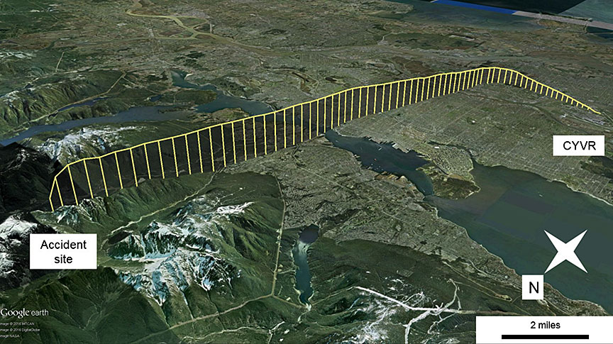 Accident flight path (Source: Google Earth, with TSB annotations)