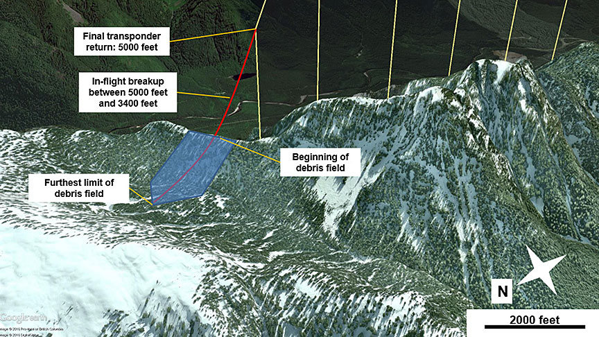 Wreckage debris field (blue-shaded area) (Source: Google Earth, with TSB annotations)