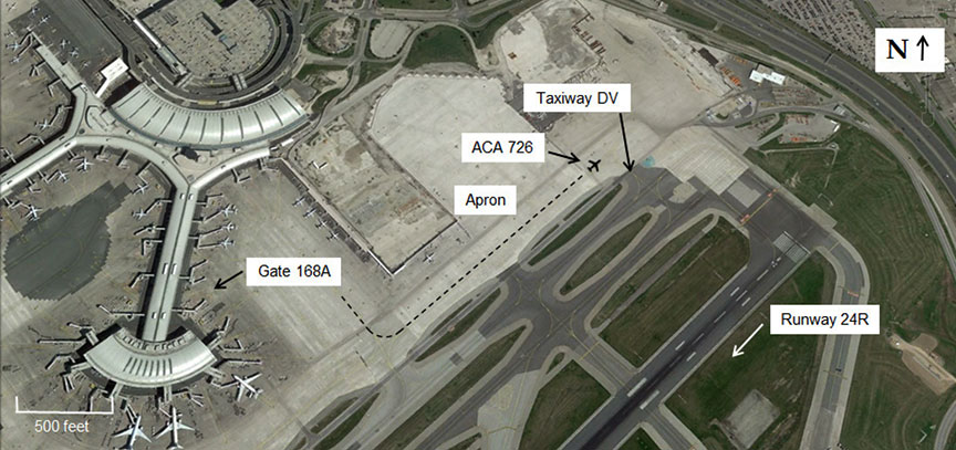 ACA726 on the apron at Taxiway DV (Source: Google Earth, with TSB annotations)