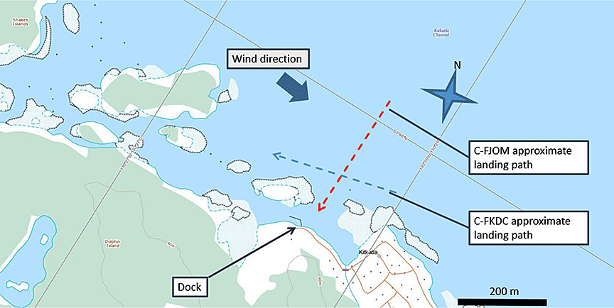 Landing paths of the 2 Inland Air Charters Ltd. aircraft (Source: Natural Resources Canada, with TSB annotations)