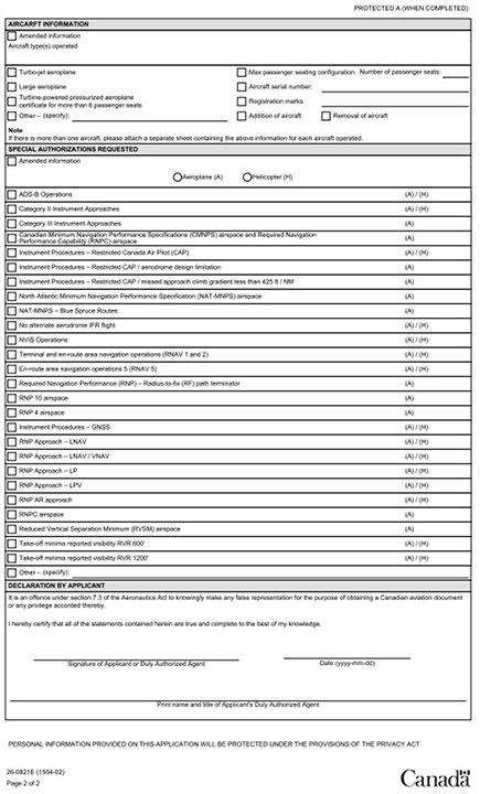 Private operator registration document application form - 2/2