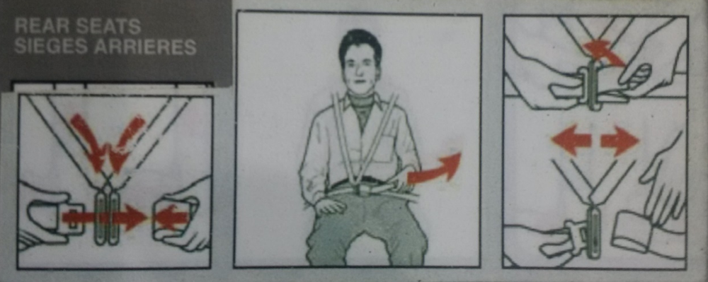 Hydro One's safety briefing card showing how to use the safety belts for the rear seats of the helicopter (Source: Hydro One Networks Inc.)