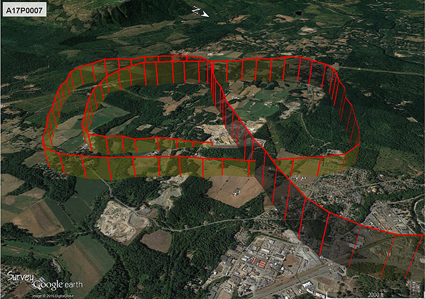 Radar track of C-GZXB's flight path at CAM3, as seen from the northeast (Source: Google Earth, with TSB annotations)