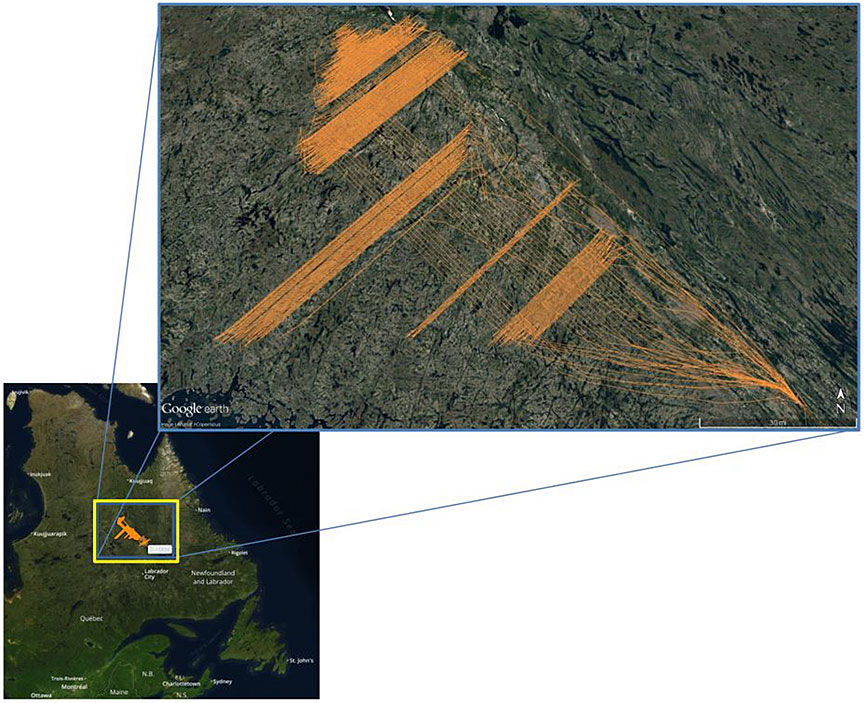 Flight paths over a 7-day period representing survey areas and flight segments between the operating base and the survey areas of the occurrence aircraft