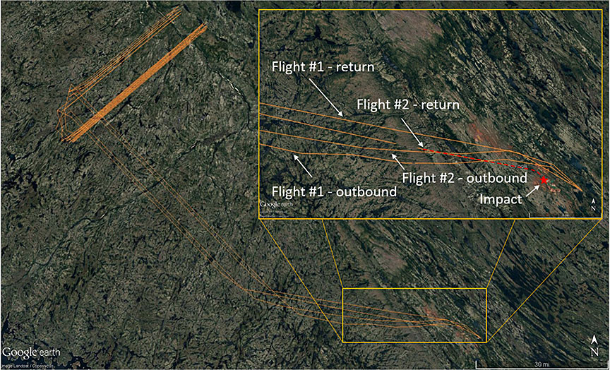 The 2 flights conducted by C‑FQQB on the day of the accident, with detail showing the very-low-altitude flight segments