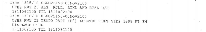 Example of Halifax/Stanfield International Airport (CYHZ) NOTAM Runway 23 (Source: Sky Lease Cargo NOTAM from occurrence flight paperwork)