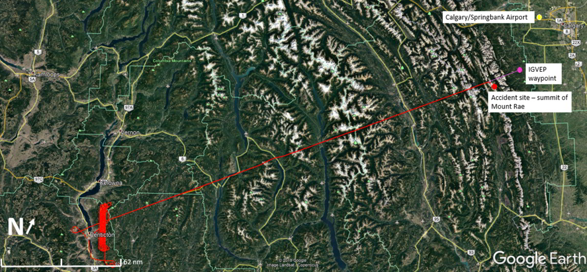   Occurrence aircraft's route of flight. Red line depicts aircraft track. (Source: Google Earth, with TSB annotations)<br>