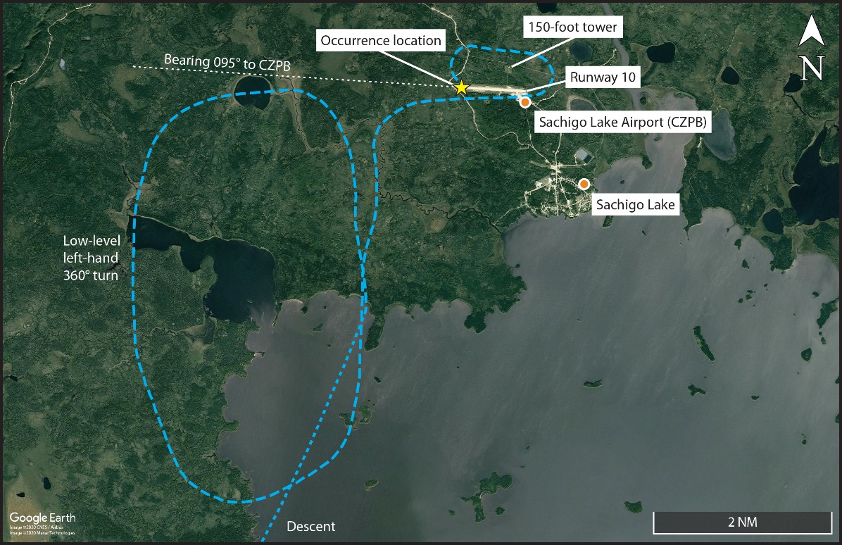 Map showing the initial descent (small-dash line) and the low-level flight path (big-dash line) of the occurrence aircraft (Source: Google Earth, with TSB annotations based on automatic dependent surveillance-broadcast data)