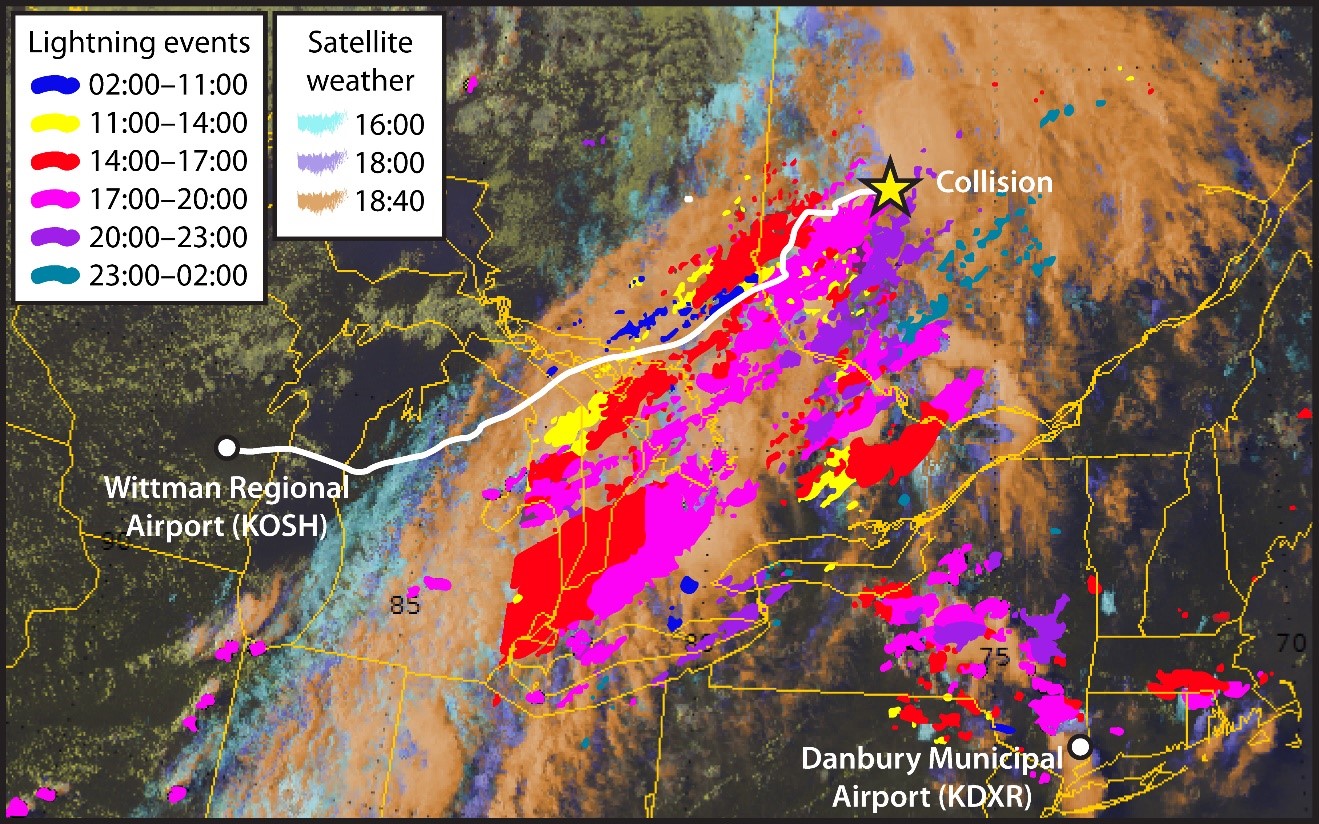 Flight path superimposed on multispectral visible satellite images around the time of the event, on 29 July 2019. Lightning strikes in the past 24 hours are indicated by a color code. The location of departure (KOSH), the intended destination (KDXR), and the location of the collision with the terrain are also indicated. (Source: Environment and Climate Change Canada)