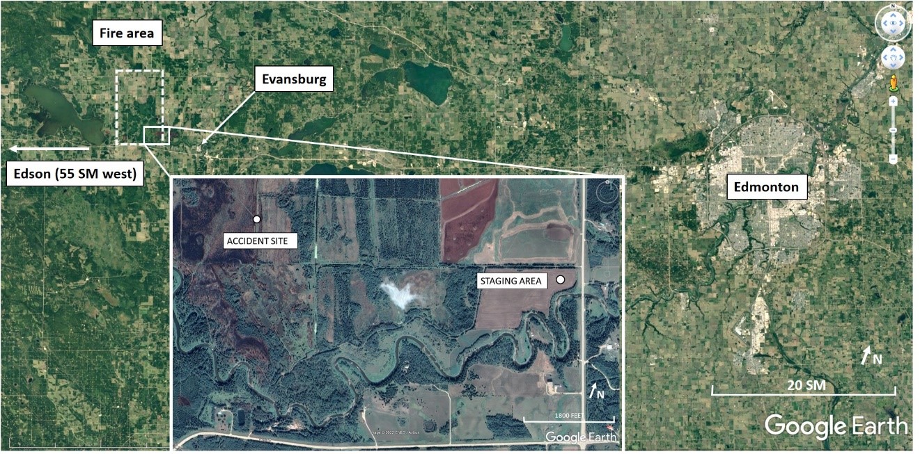 Map showing the location of the accident site and approximate fire area, with the accident site staging area in inset (Source of main and inset images: Google Earth, with TSB annotations)