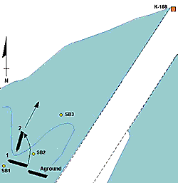 Refloating manoeuvre (SB are special buoys used for the refloating; positions approximate)