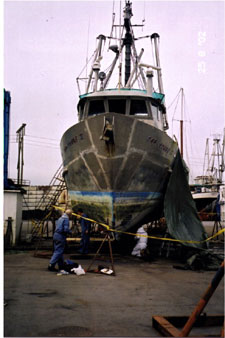 Photo 1 - Cap Rouge II in dry-land storage, 10 days after being salvaged. 25 August 2002