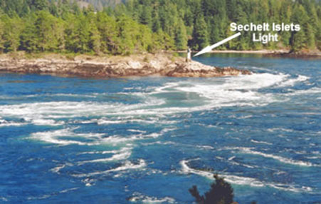 Photo 3. Sechelt Rapids looking southeast at maximum ebb tide