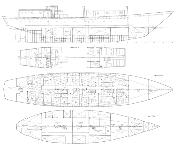 Diagram of the general arrangement of the yacht