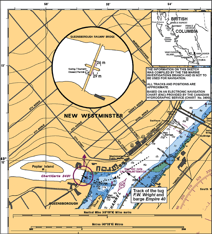 Map of the area showing the track of the F.W. Wright tug in the channel