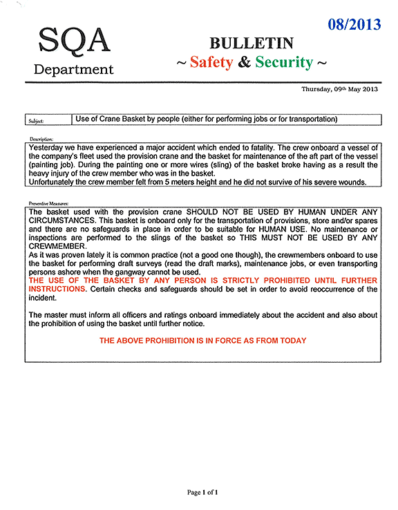 Company safety and security bulletin, issued 09 May 2013