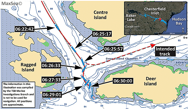 Map of the Nanny's actual track and intended track between change of con and time of bottom contact