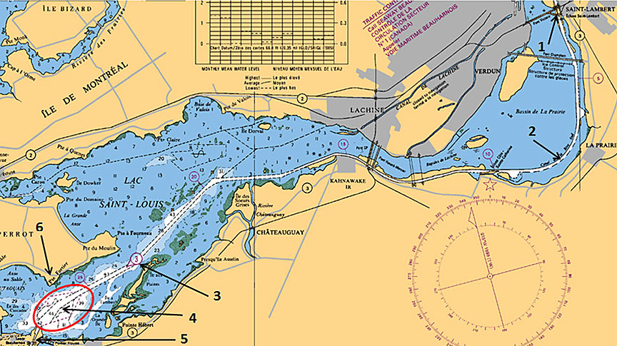Map of the St. Lawrence Seaway from Saint-Lambert to Beauharnois