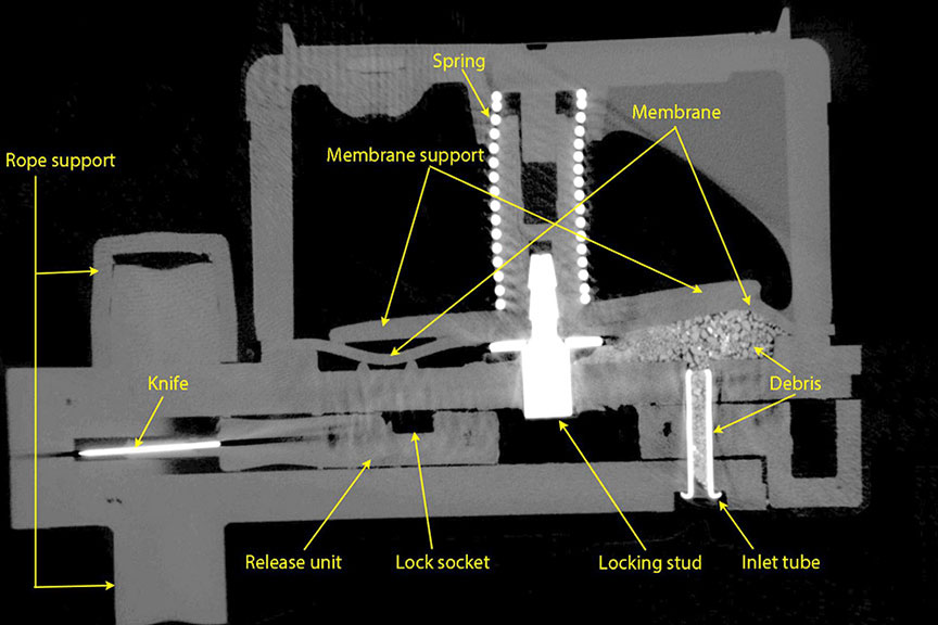 Computed tomography image of the hydrostatic release unit showing the internal configuration prior to disassembly