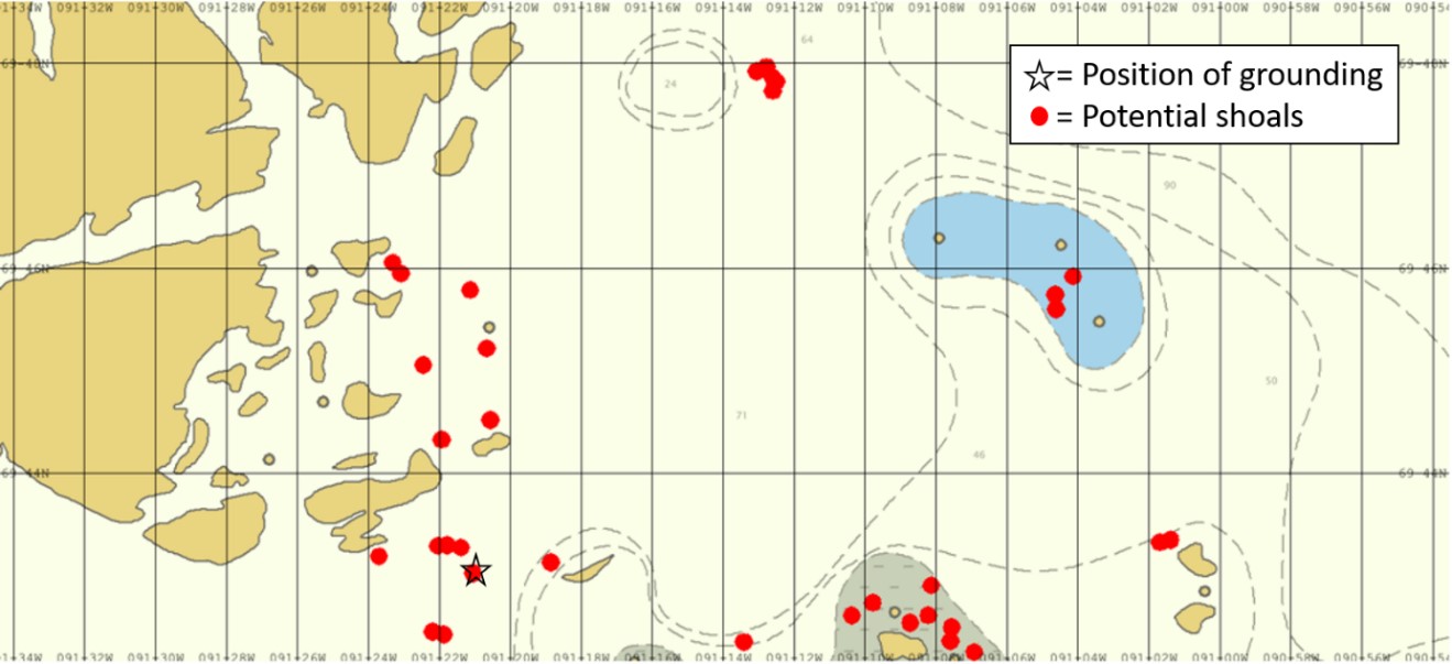 Position of potential shoals and position of the Akademik Ioffe’s grounding