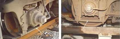 Side views of locomotive roller bearing housing (Note: bottom tie strap under bearing) 