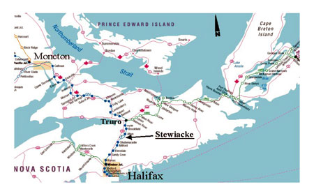 Image of a geographic map of Nova Scotia showing Stewiacke