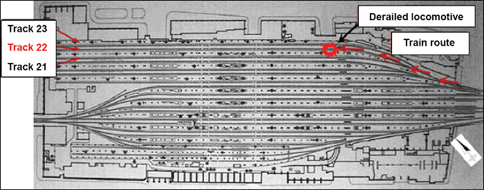 Schematic of tracks with labels of each track and the derailment location