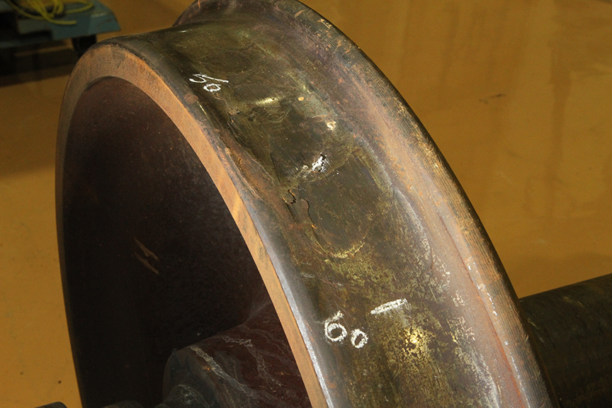 Typical slid flats on the R2 wheel of the No. 2 wheel set