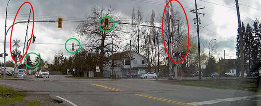 Visual cues with grade crossing warning system active
