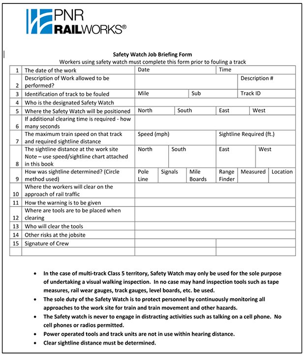 PNR RailWorks Safety Watch Job Briefing Form (issued April 2017) - 1/3