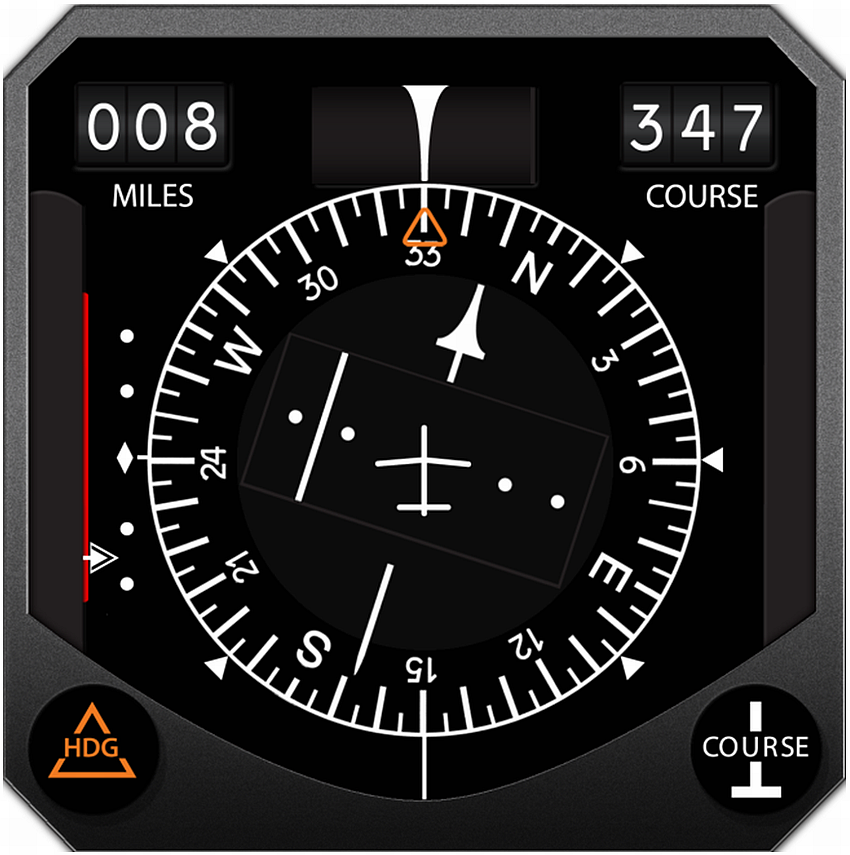 Figure 16. 16 h 39 min 10 s : Indicateur de situation horizontale (HSI) du commandant, indiquant un angle d'interception de 17° (compas no 2 avec erreur de cap de −16°)