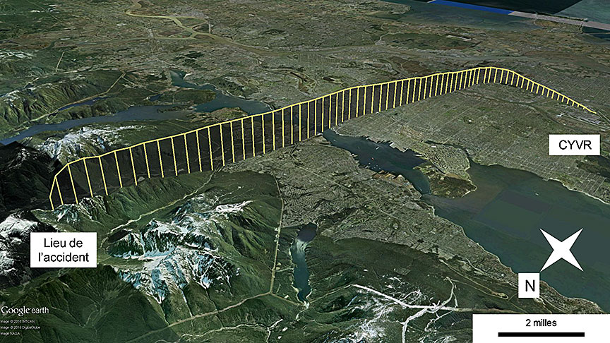 Trajectoire du vol à l'étude (Source : Google Earth, avec annotations du BST)