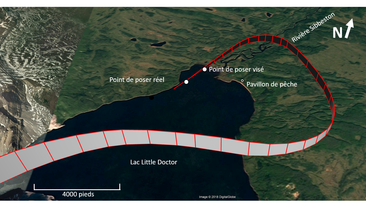 Données du système de positionnement mondial (GPS) montrant l'approche finale de l'avion au lac Little Doctor (Source : Google Earth, données cartographiques DigitalGlobe, avec annotations du BST)